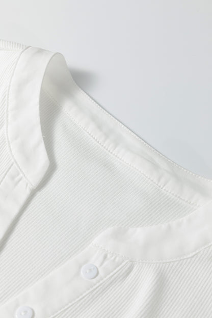 White Button Placket 3/4 Striped Sleeve Patchwork Rib Knit Top