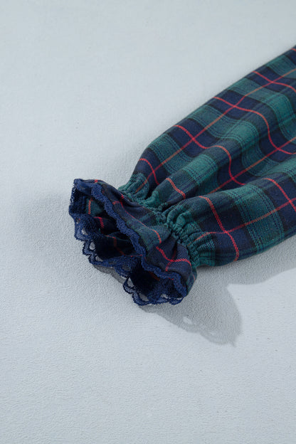 Green Vintage Plaid Square Neck Lace Trim Long Sleeve Shift Dress
