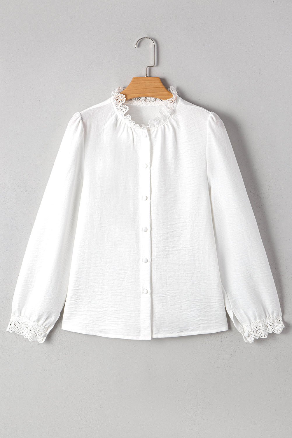 White Lace Patchwork Buttoned Stand Neck Loose Shirt