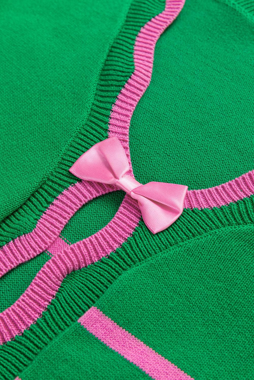 Sweaters & Cardigans/Cardigans Green Stripe Ribbon Cute Bow Detail Sweater Knit Cardigan