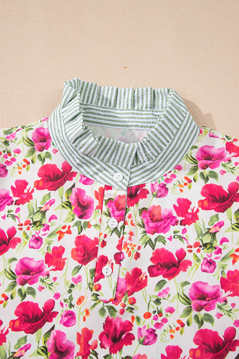 Red Floral Print Striped Patchwork Collared Short Sleeve Blouse