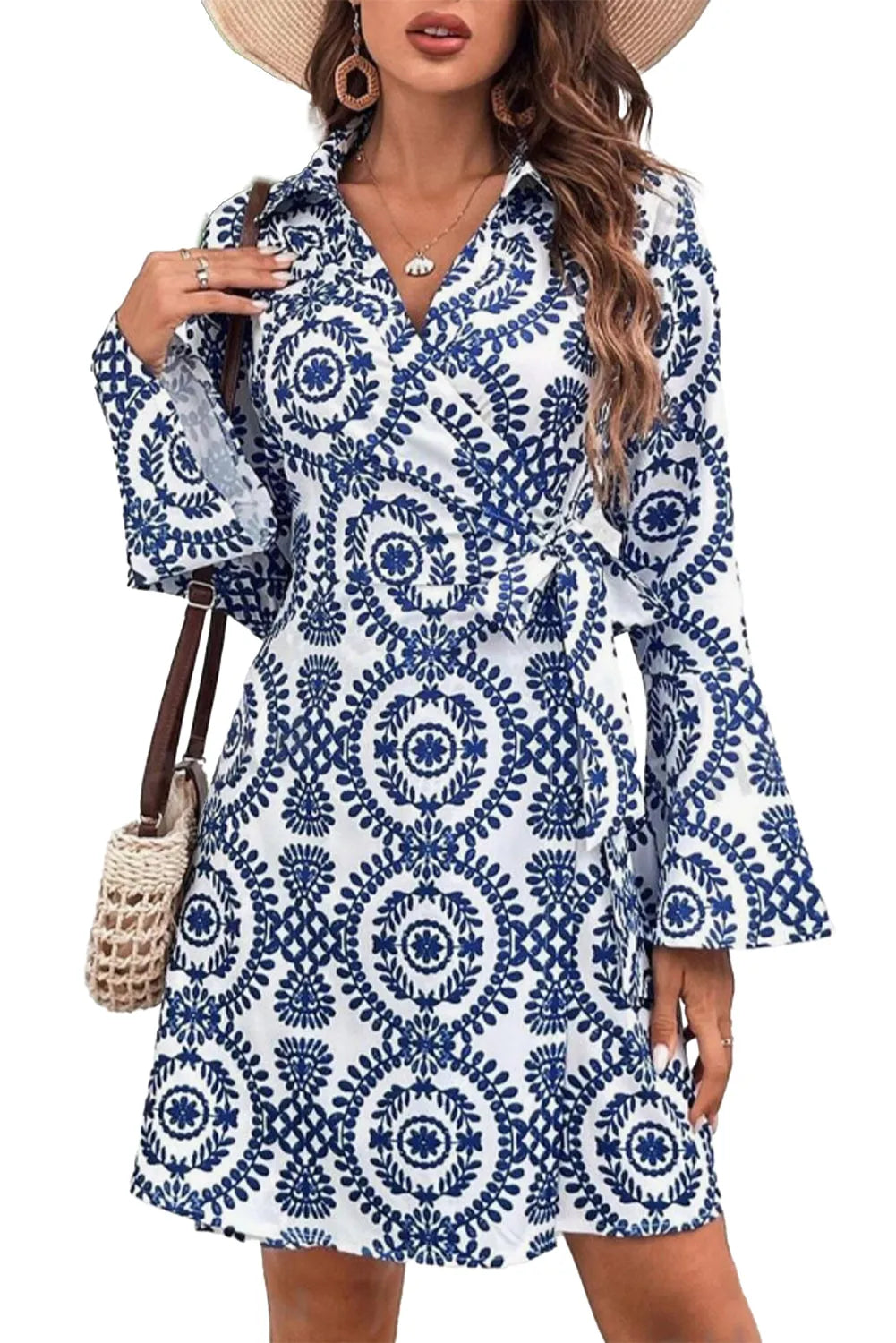 Blue Floral Print V Neck Wrapped Knot Long Sleeve Dress - Chic Meadow Boutique 