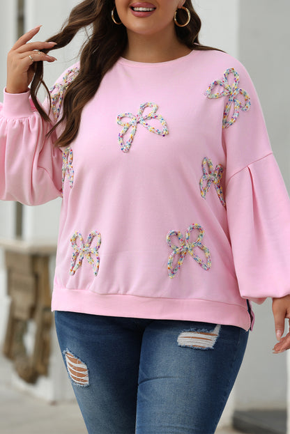 Light Pink Embroidered Bow Lantern Sleeve Oversized Pullover Sweatshirt