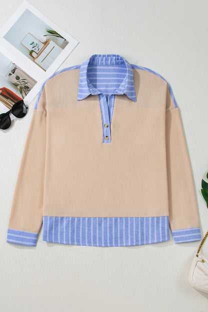 Parchment Plus Size Striped Contrast Trim Waffle Knit Collared Top