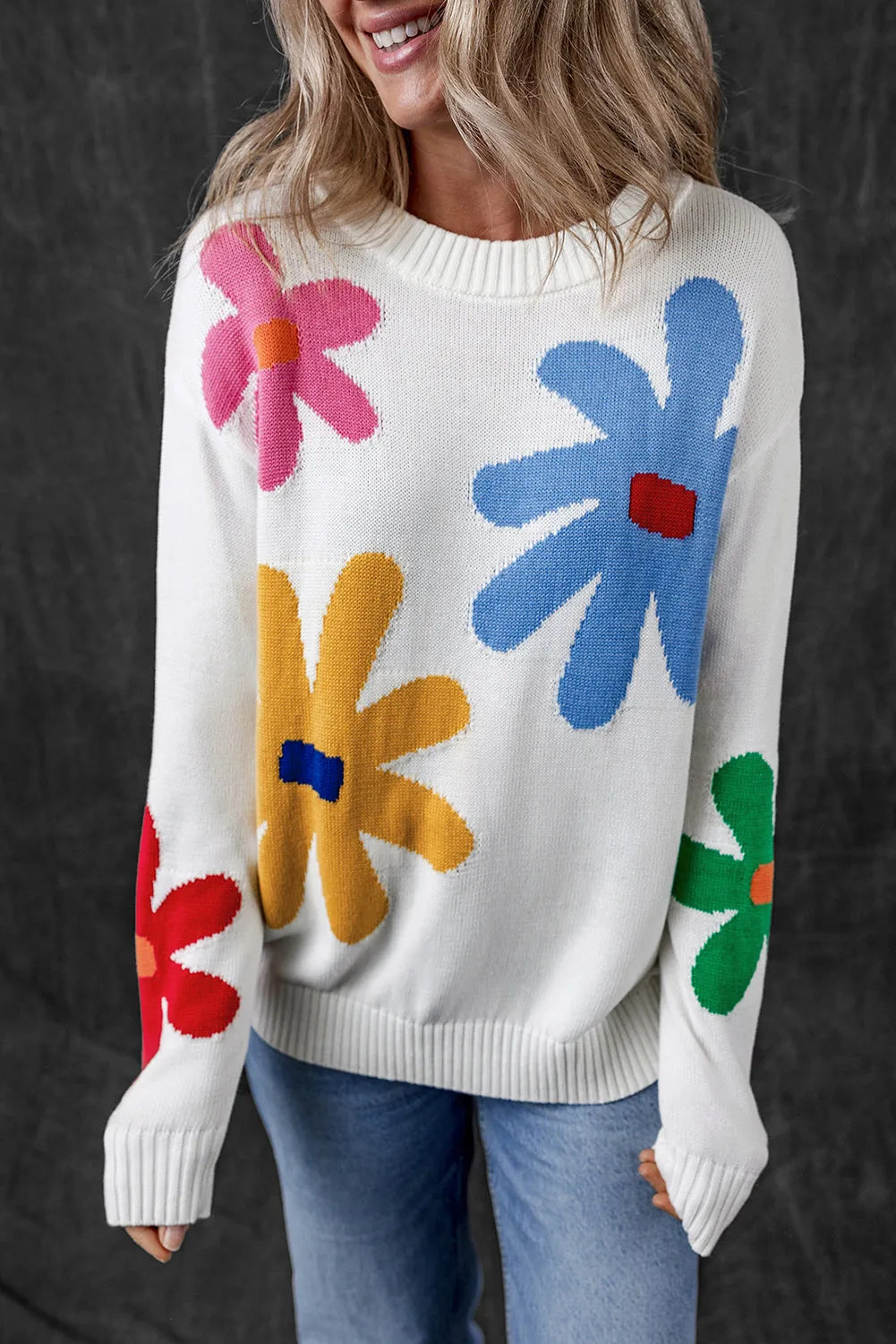 White Colorful Big Flower Pattern Crewneck Sweater - Chic Meadow Boutique 