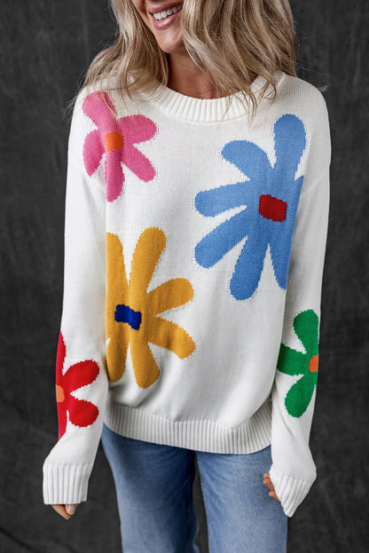 White Colorful Big Flower Pattern Crewneck Sweater - Chic Meadow Boutique 