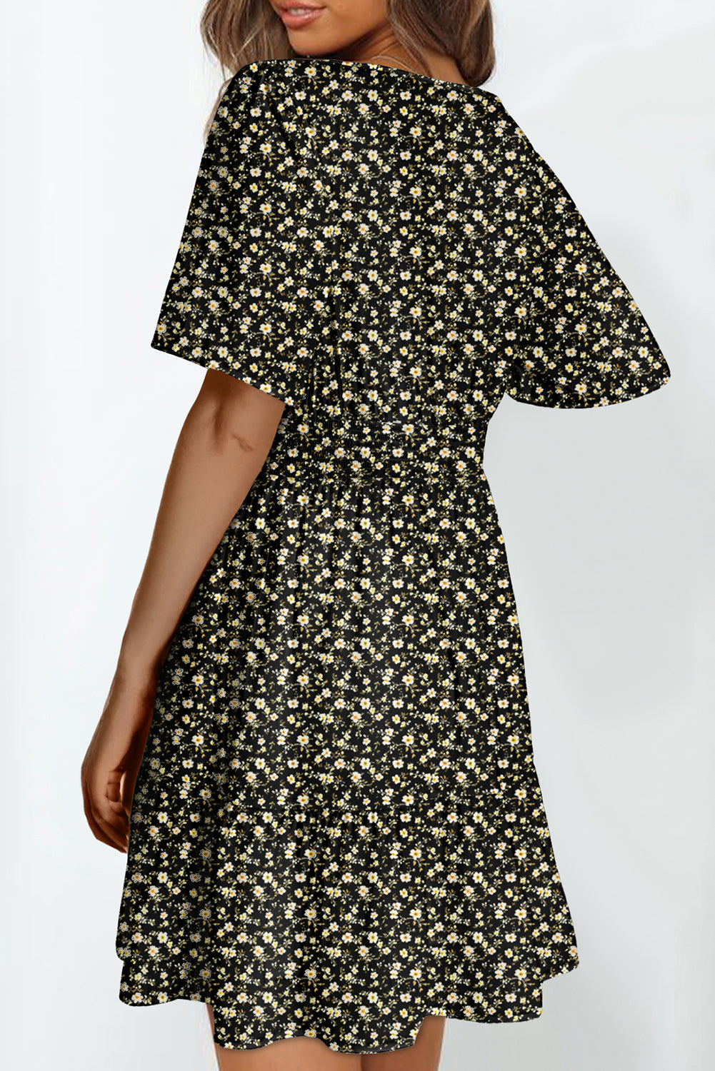 Black Floral Print Wrap V Neck Short Sleeve High Waistband Mini Dress
