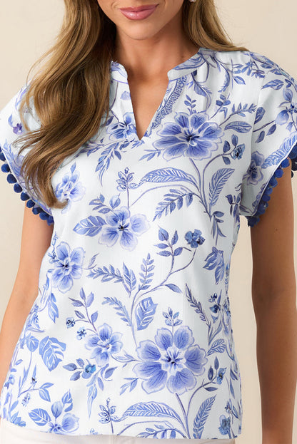 Blue Elegant Floral Print Ricrac Trim Short Sleeve Blouse