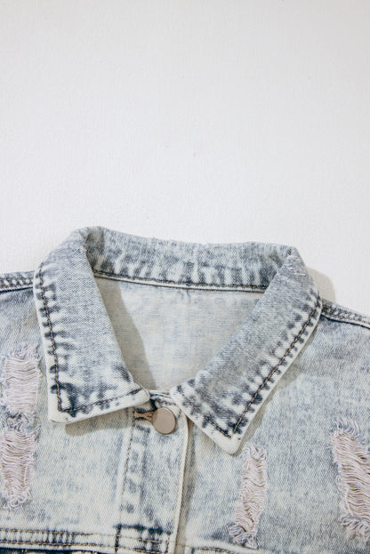 Beau Blue Light Wash Buttoned Chest Pocket Puff Sleeve Denim Jacket