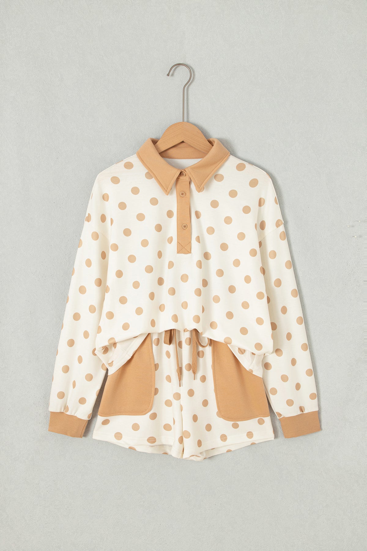 Khaki Polka Dot Drop Shoulder Polo Loose Pullover Patch Pocket Casual Shorts Set