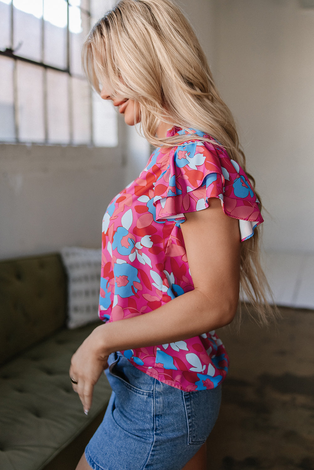 Rose Red Ruffled Sleeve Floral Blouse