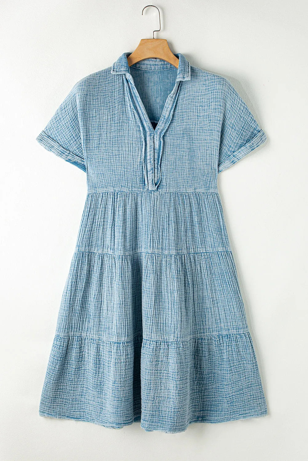 Beau Blue Mineral Wash Crinkle Split Neck Raw Hem Tiered Dress - Chic Meadow Boutique 