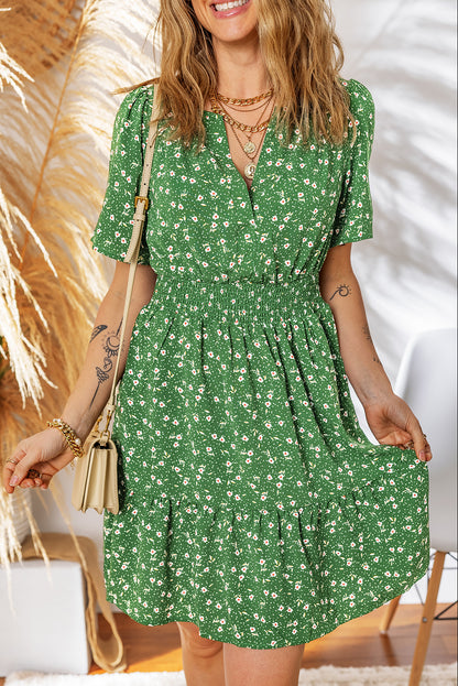 Green Floral Print Wrap V Neck Short Sleeve High Waistband Mini Dress