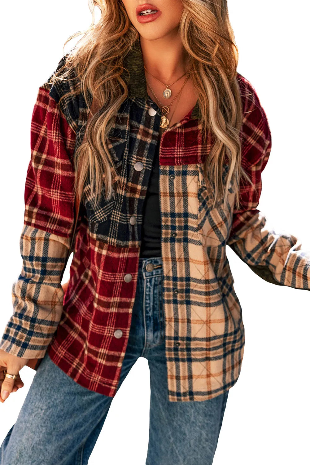 Red Mixed Plaid Patchwork Retro Shacket - Chic Meadow Boutique 