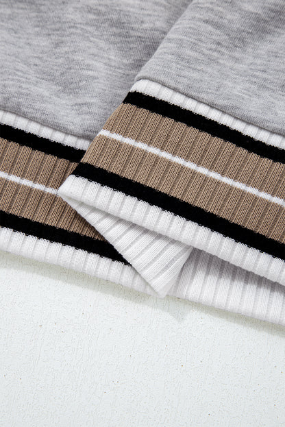 Gray Varsity Contrast Striped Trim V Neck Sweatshirt