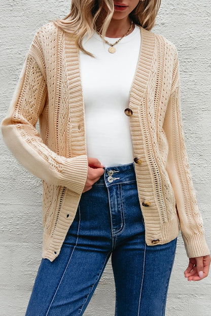 Beige Open Knit Drop Shoulder Sweater Cardigan - Chic Meadow Boutique 