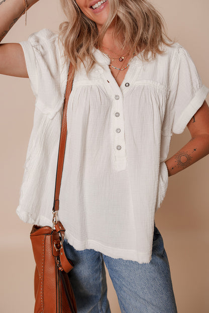 White Textured Short Sleeve Buttons Frayed Blouse