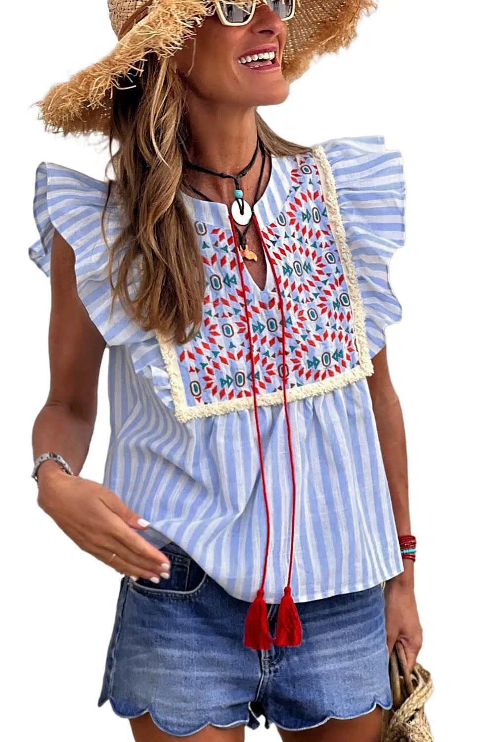 Sky Blue Stripe Geo Pattern Embroidered Tassel Flutter Blouse - Chic Meadow Boutique 