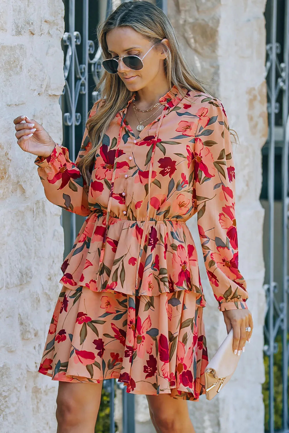 Fiery Red Frilled Collar Long Sleeve Floral Dress with Ruffle - Chic Meadow Boutique 