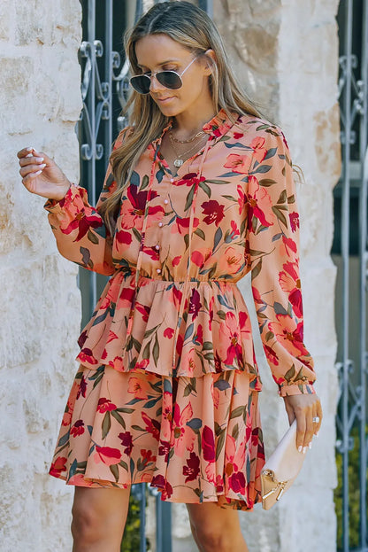 Fiery Red Frilled Collar Long Sleeve Floral Dress with Ruffle - Chic Meadow Boutique 