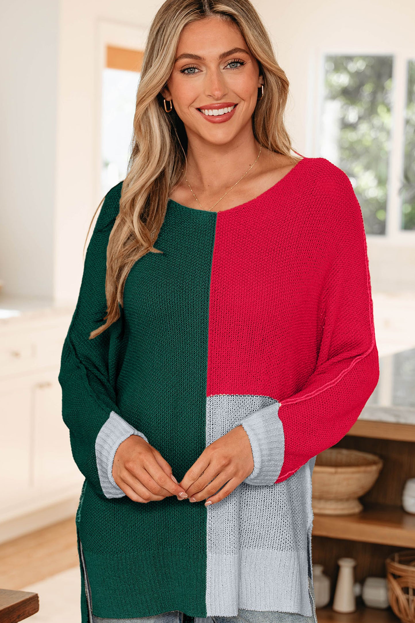 Evergreen Color Block Knit V Neck Loose Sweater