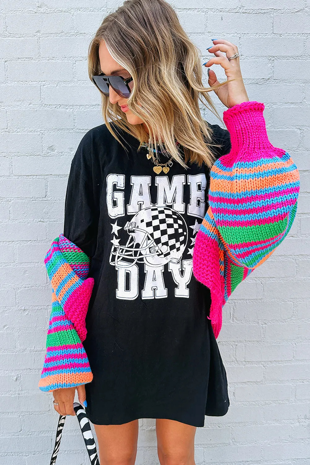 Black GAME DAY Checkerboard Rugby Football Helmet T Shirt - Chic Meadow Boutique 