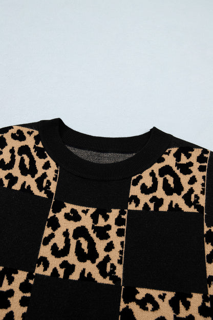 Black Leopard Checkerboard Short Sleeve Knit Sweater