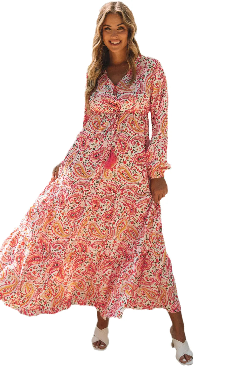 Orange Boho Holiday Paisley Print Tiered Long Sleeve Maxi Dress - Chic Meadow Boutique 