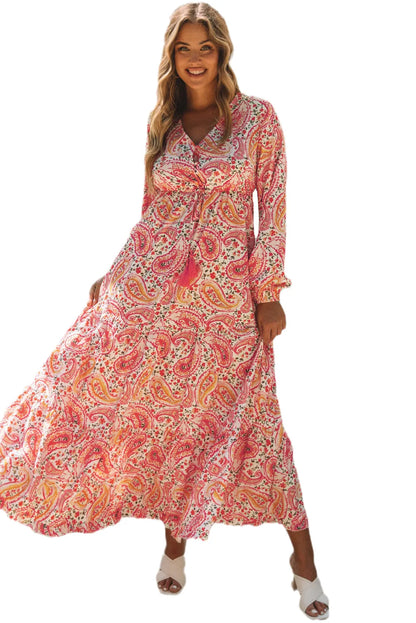 Orange Boho Holiday Paisley Print Tiered Long Sleeve Maxi Dress - Chic Meadow Boutique 