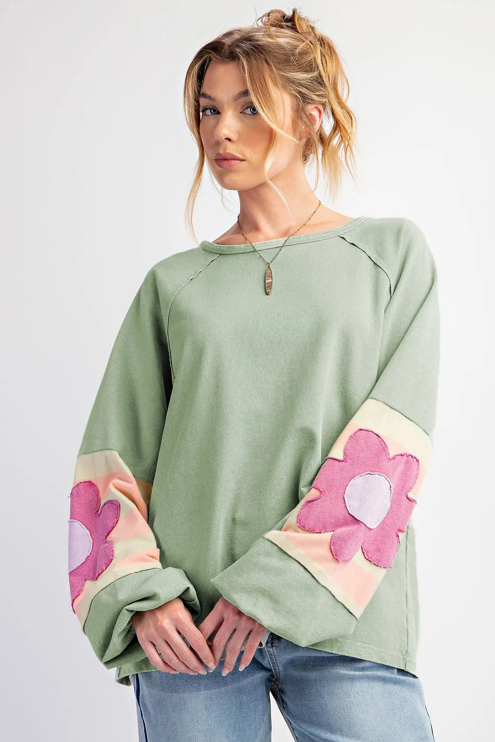 Smoke Green Flower Patchwork Raglan Sleeve Exposed Seam Oversized Top - Chic Meadow Boutique 