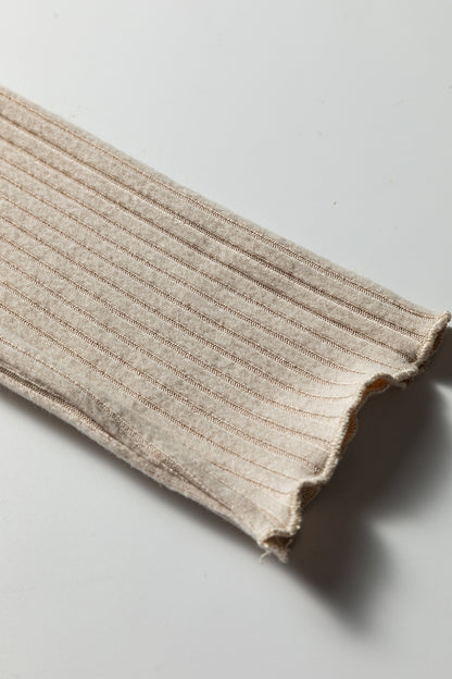 Beige Lace Neckline Button Decor Lettuce Edge Long Sleeve Ribbed Top