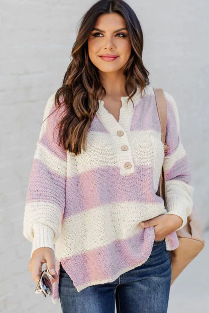 Pink Striped Knit Button Ribbed Split Neck Sweater - Chic Meadow Boutique 