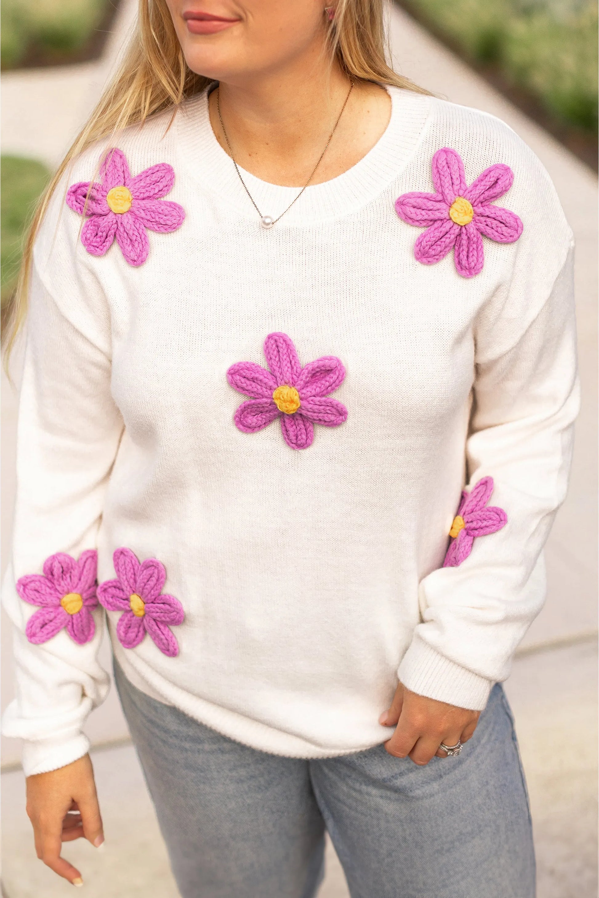 White Plus Size Flower Crochet Drop Shoulder Knit Sweater - Chic Meadow Boutique 