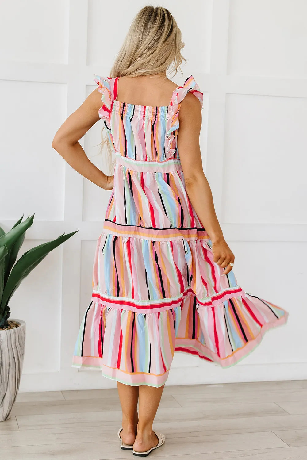 Pink Rainbow Stripe Ruffles Ruched Tiered Dress - Chic Meadow Boutique 