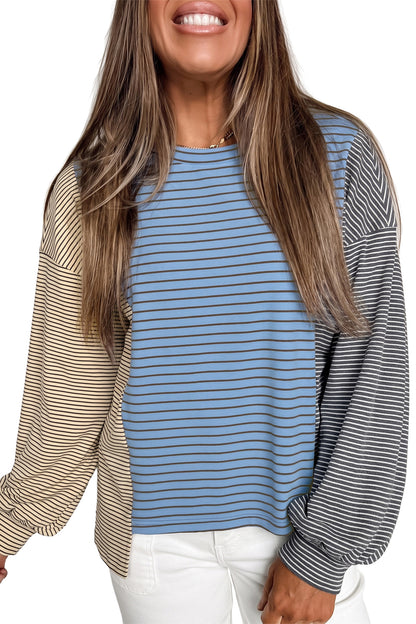 Sky Blue Stripe Color Block Contrast Long Sleeve Round Neck Casual Shift Pullover