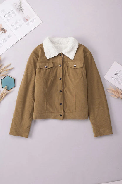 Khaki Corduroy Sherpa Snap Button Flap Jacket - Chic Meadow Boutique 