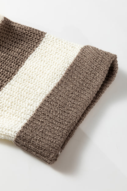 Brown Stripe Colorblock V Neck Bracelet Sleeve Sweater