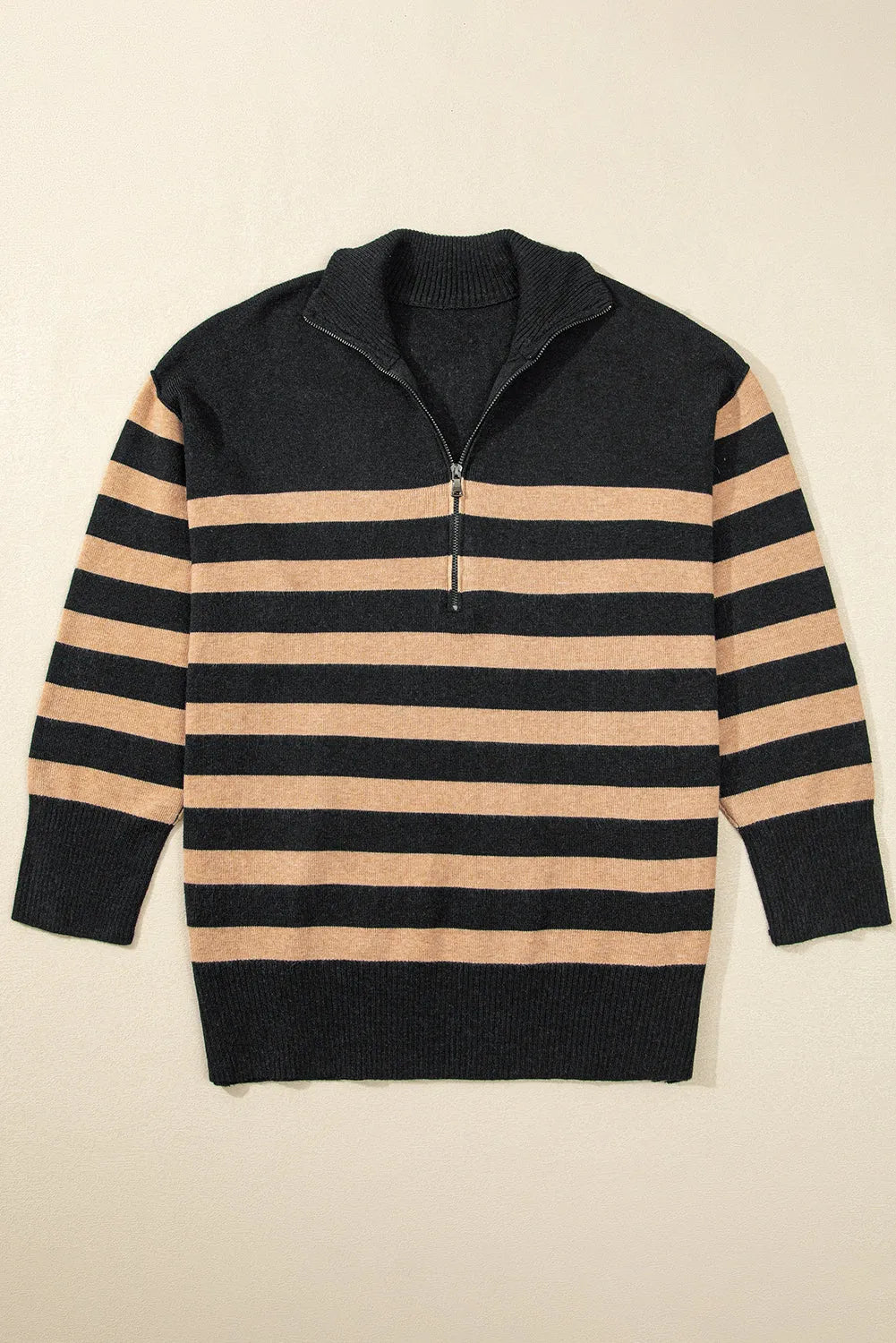 Black Stripe Collared Quarter Zipper Oversized Sweater - Chic Meadow Boutique 