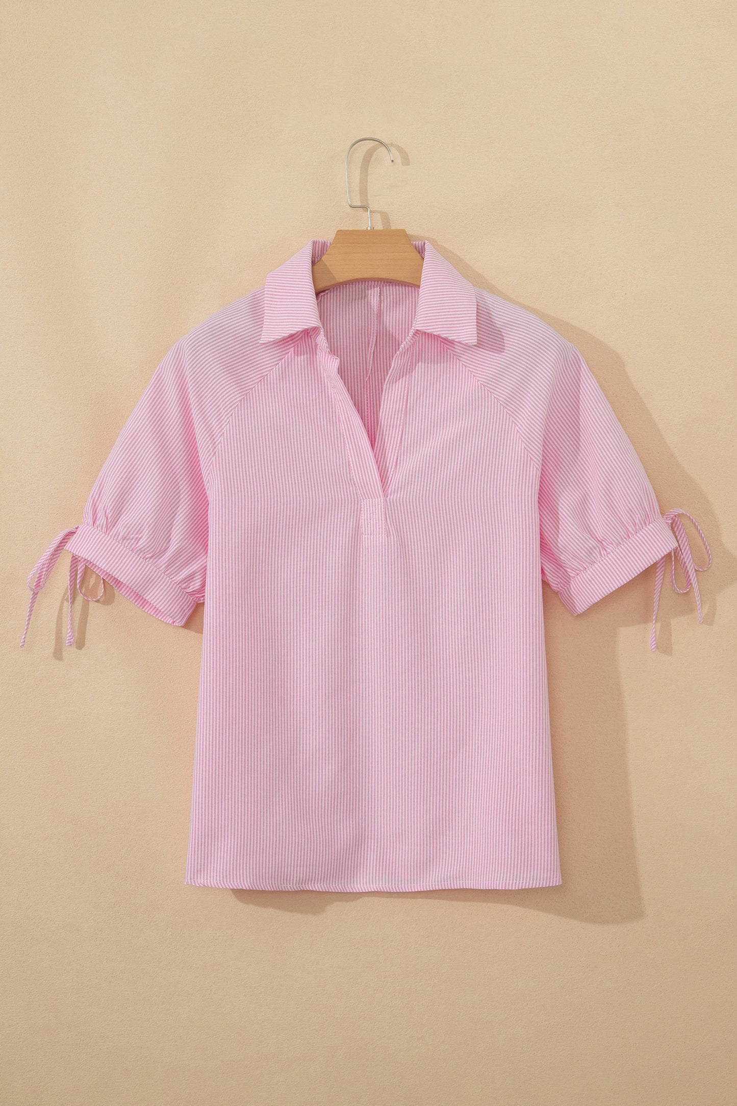 Pink Striped Print Collared Split Neck Half Sleeve Blouse