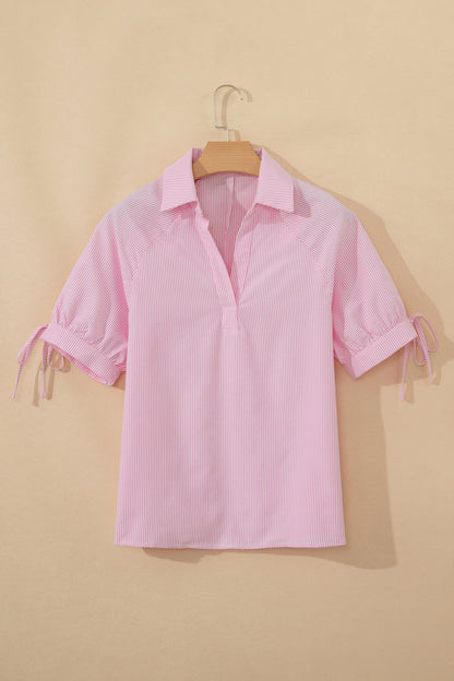 Pink Striped Print Collared Split Neck Half Sleeve Blouse