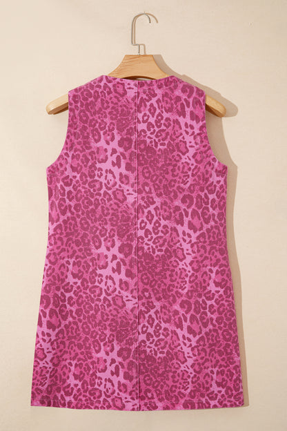 Pink Leopard Denim Buttoned Shift Sleeveless Dress