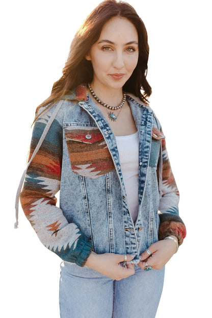 Multicolor Aztec Print Frayed Hem Denim Jacket - Chic Meadow Boutique 