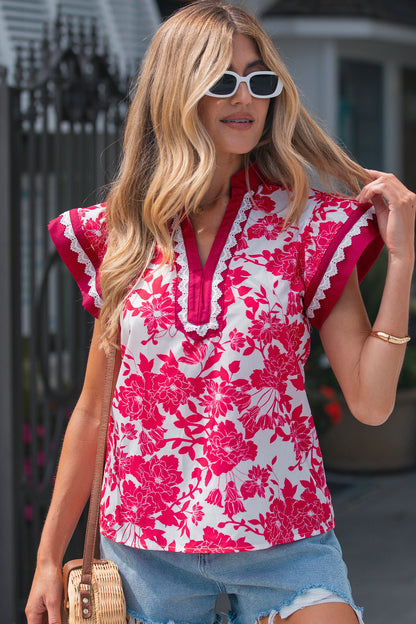 Red Floral Print Color Block Trim Lace Detail V Neck Flutter Sleeve Blouse