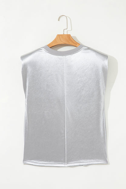 Silvery Metallic Luster Crew Neck Shift Tank Top