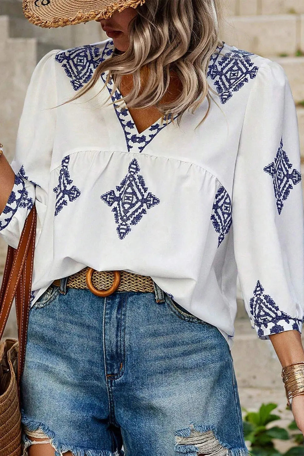 Tops/Blouses & Shirts White Boho Geometric Print Bracelet Sleeve V Neck Blouse