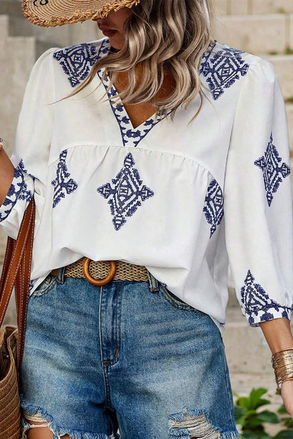 White Boho Geometric Print Bracelet Sleeve V Neck Blouse - Chic Meadow Boutique 