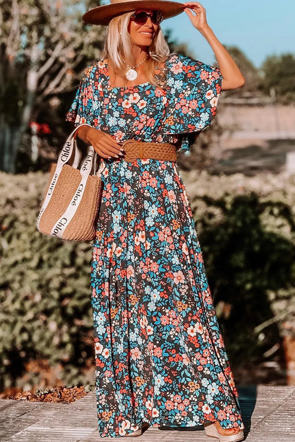 Sky Blue Floral Knotted Back Square Neck Maxi Dress - Chic Meadow Boutique 