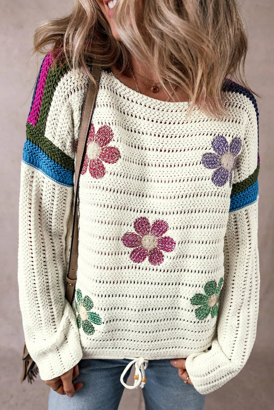 White Daisy Flower Pointelle Knit Sweater - Chic Meadow Boutique 