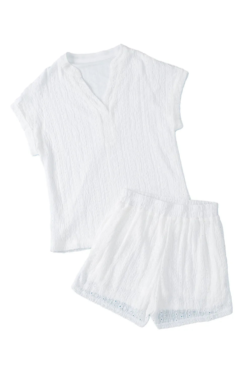 White Eyelet Patterned Textured Shorts Set - Chic Meadow Boutique 