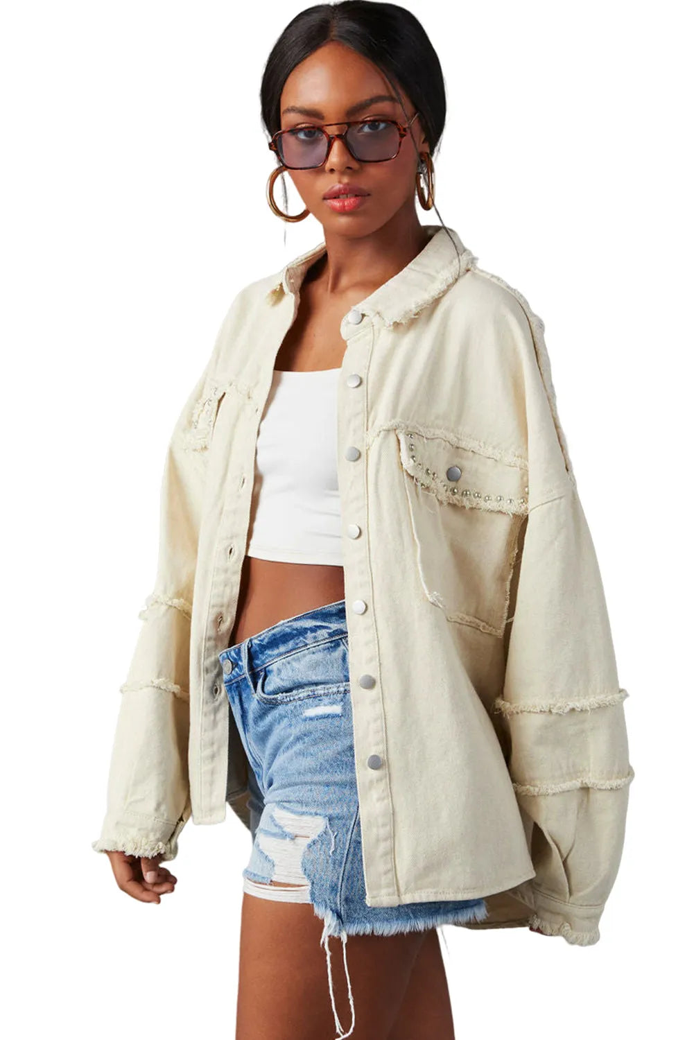 White Frayed Exposed Seam Denim Jacket - Chic Meadow Boutique 